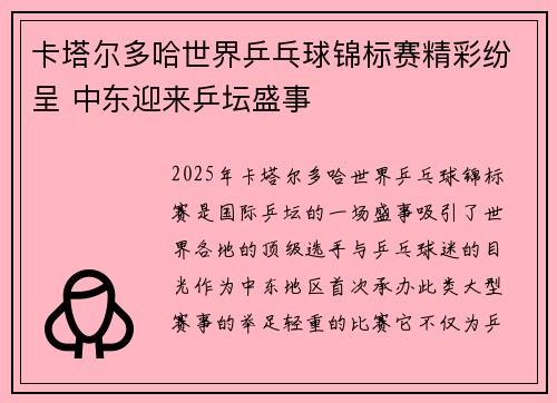 卡塔尔多哈世界乒乓球锦标赛精彩纷呈 中东迎来乒坛盛事