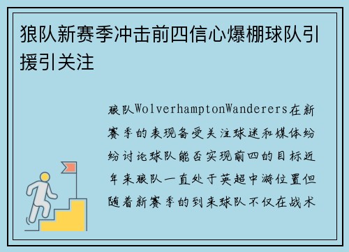 狼队新赛季冲击前四信心爆棚球队引援引关注