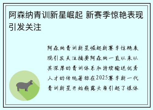 阿森纳青训新星崛起 新赛季惊艳表现引发关注